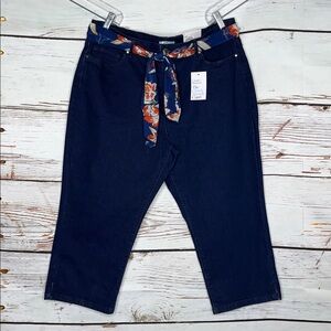 Croft & Barrow NWT Sz 18 Dark Blue Denim - Floral Tie Belt Mid Rise Jean Capris